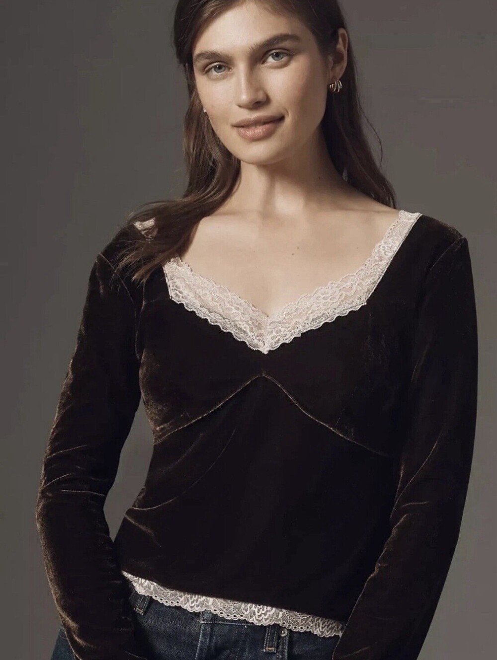 Anthropologie Boho Brown VELVET Lace Trim Peasant Blouse V Neck XXS NWOT $78